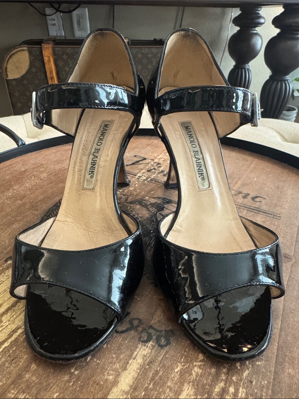 Manolo Blahnik Black Patent Mary Jane Heeled Sandals